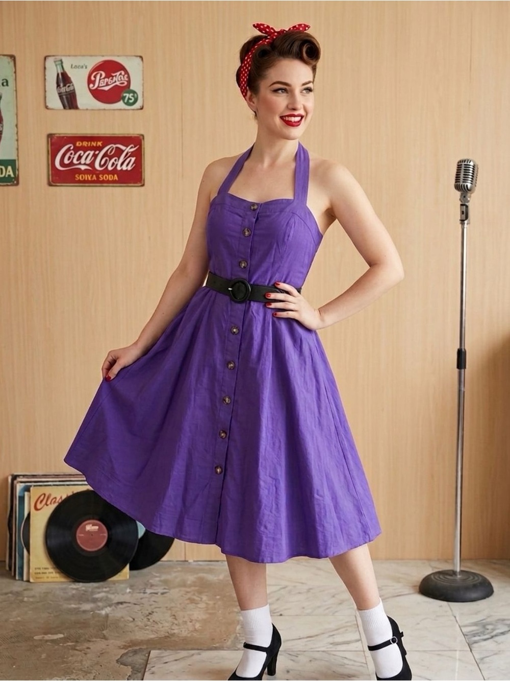 NWT Linen Blend Halter Pin-up Rockabilly Dress Purple Midi Knee Length Large